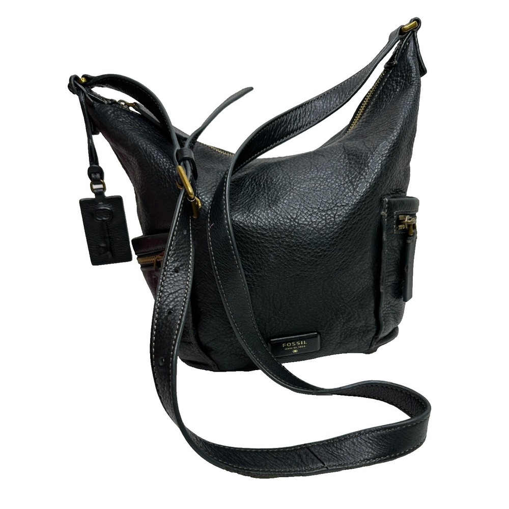 Y2K Fossil Emerson Black Pebbled Leather Purse Crossbody Vintage Key Fob